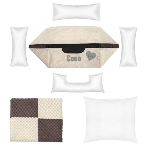 Z czego składa się legowisko Coco – komplet z pokrowcem i wkładami Zestaw rozłożonego legowiska dla psa Coco – pokrowiec, wkłady boczne, materac i poduszki