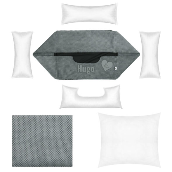 Z czego składa się legowisko Hugo – wszystkie elementy zestawu Rozłożony zestaw legowiska Hugo – pokrowiec z imieniem, wkłady boczne