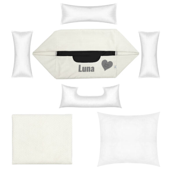 Z czego składa się legowisko Luna – pokazany komplet Zestaw elementów legowiska Luna – pokrowiec, materac, boczne wkłady i poduszki