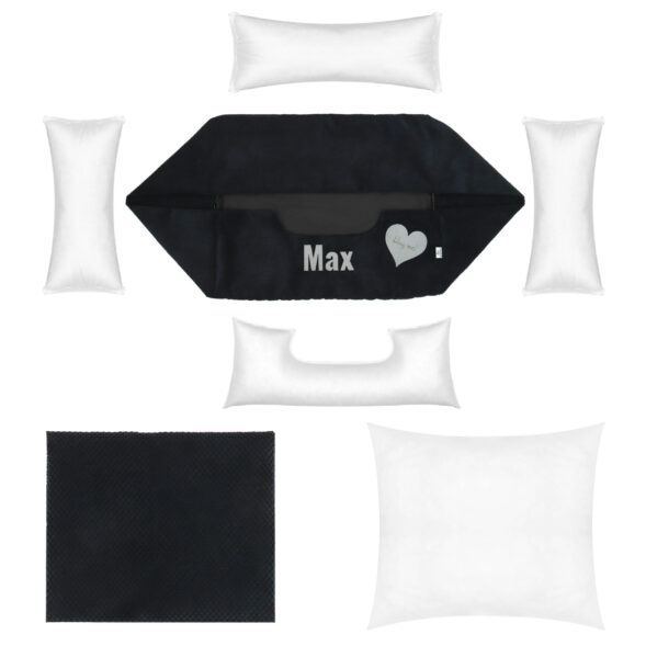 Z czego składa się legowisko Max – kompletne wnętrze i poduszki Rozłożone elementy legowiska Max – poduszka i wkłady boczne