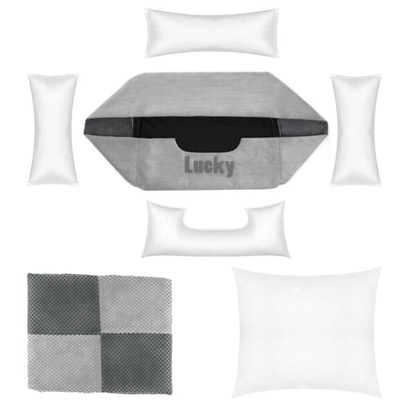 Zestaw legowiska Lucky – funkcjonalność i design w jednym Wszystkie elementy legowiska Lucky – jasnoszaro-ciemnoszary pokrowiec, poduszki, wkłady